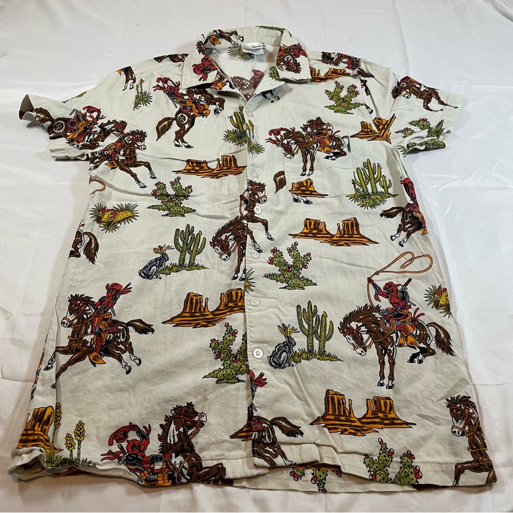 Marvel Deadpool Mens Western Cowboy Horse Print Button Down‎ Shirt Cream Medium
